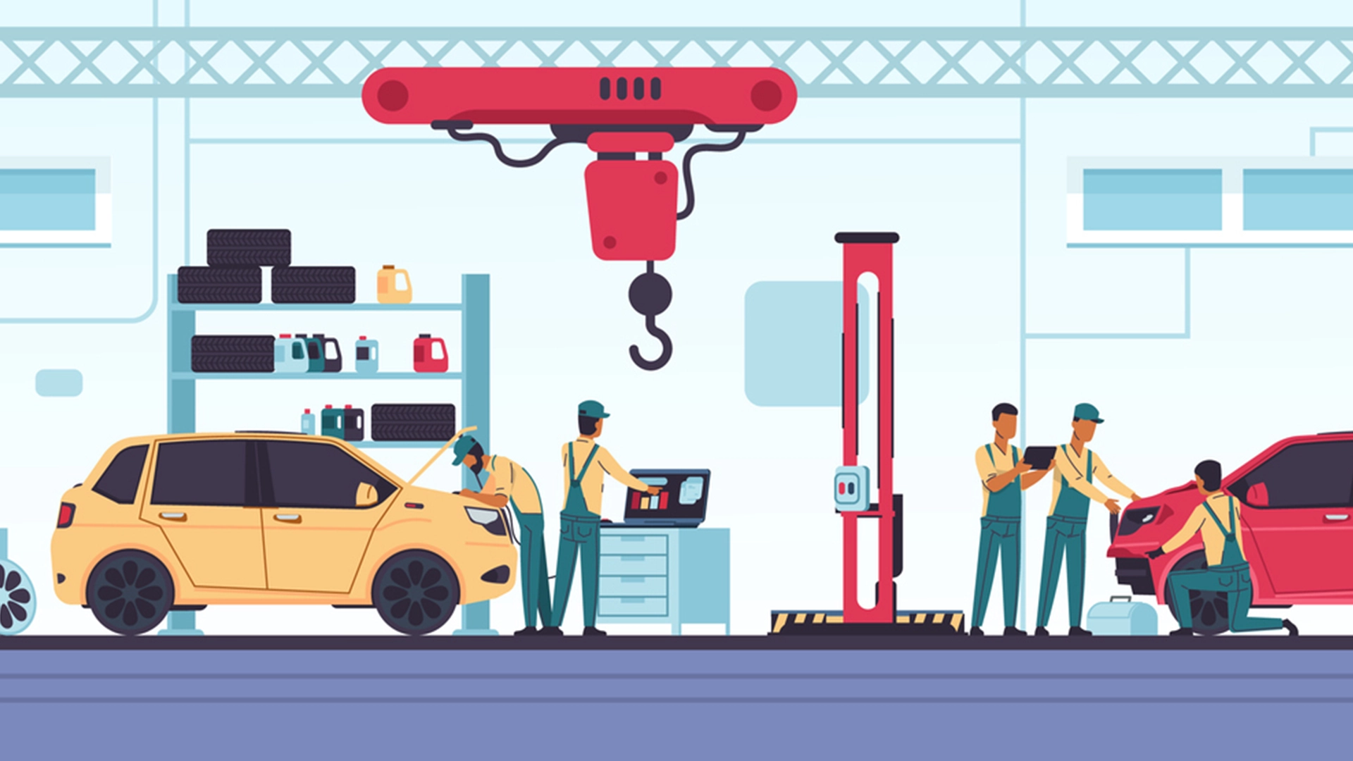 A group of men standing around a car in a garage.